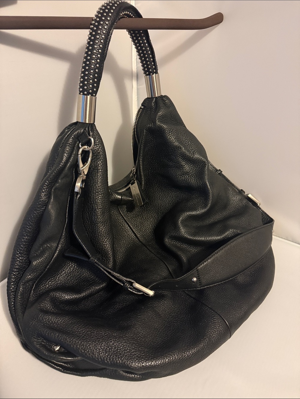 Kenneth Cole Black Leather Shoulder Hobo Bag with Studded Handle (with GWP)